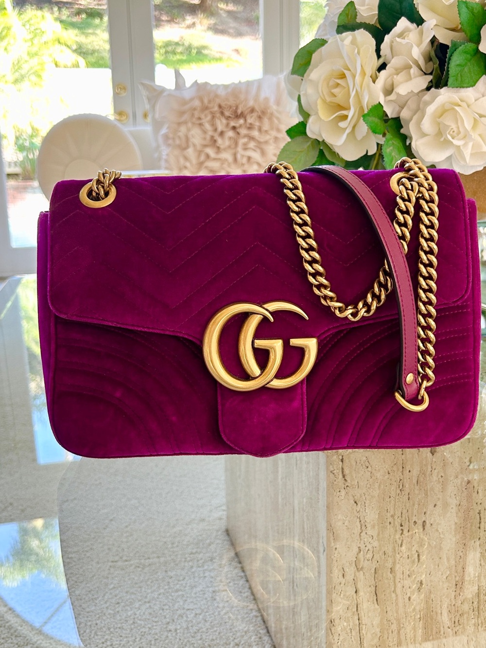 Gucci Velvet Shoulder Bag in Fuchsia with Gold Hardware - *Authentic*